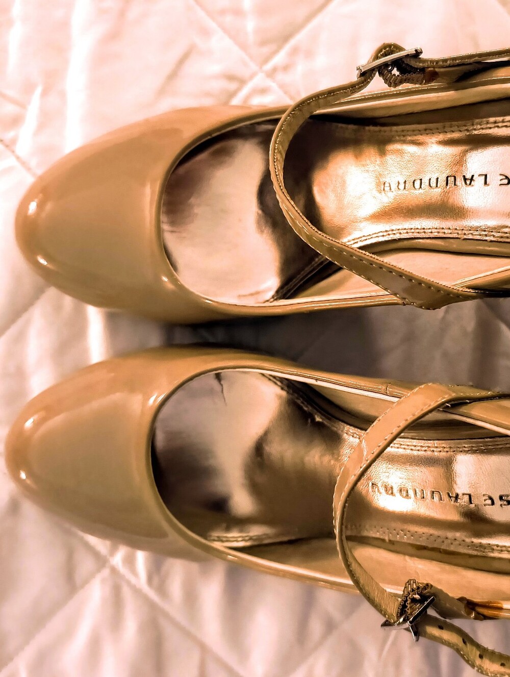 Beige Patent Strap Pumps -